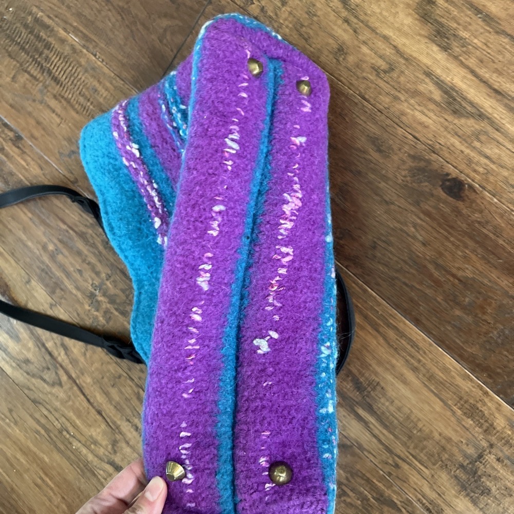 Handmade‎ Felted Wool Purple Teal Double Handle Boho Tote Handbag Purse Laptop - Picture 9 of 11